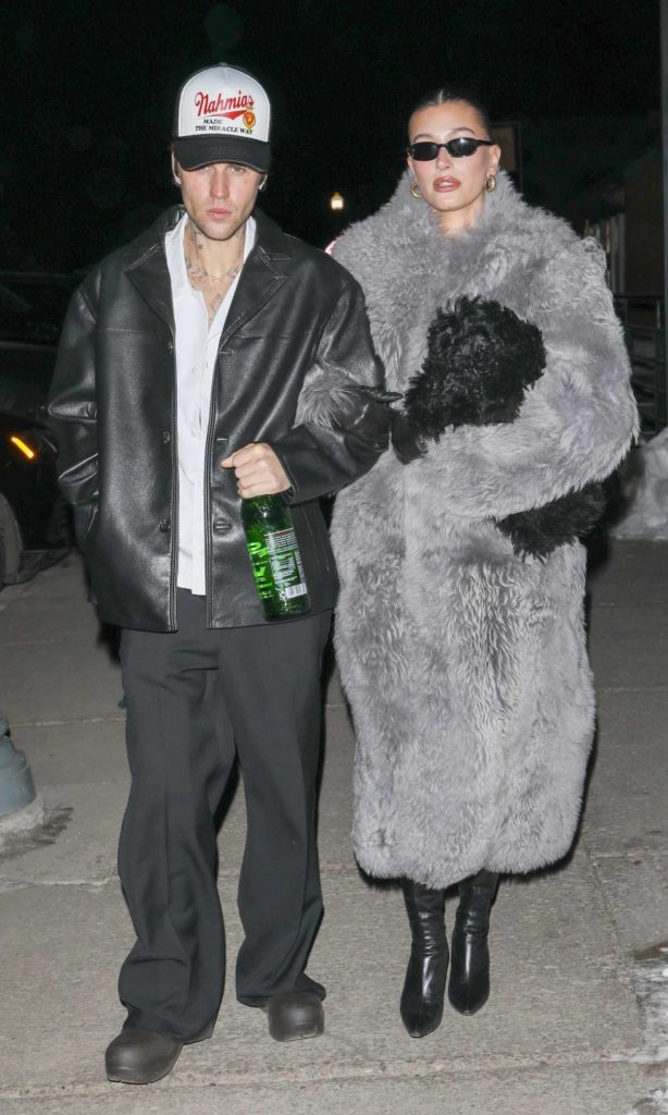 Hailey Bieber in a Grey Fur Coat
