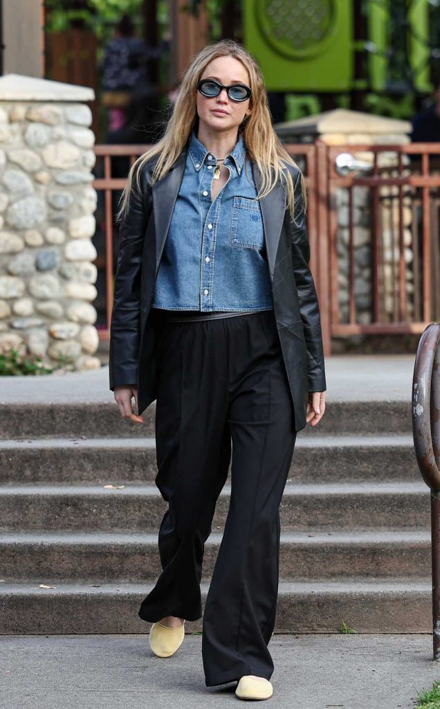 Jennifer Lawrence in a Black Leather Blazer