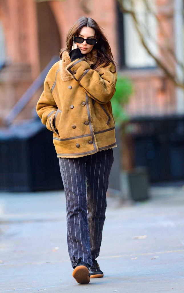 Emily Ratajkowski in a Black Striped Jeans