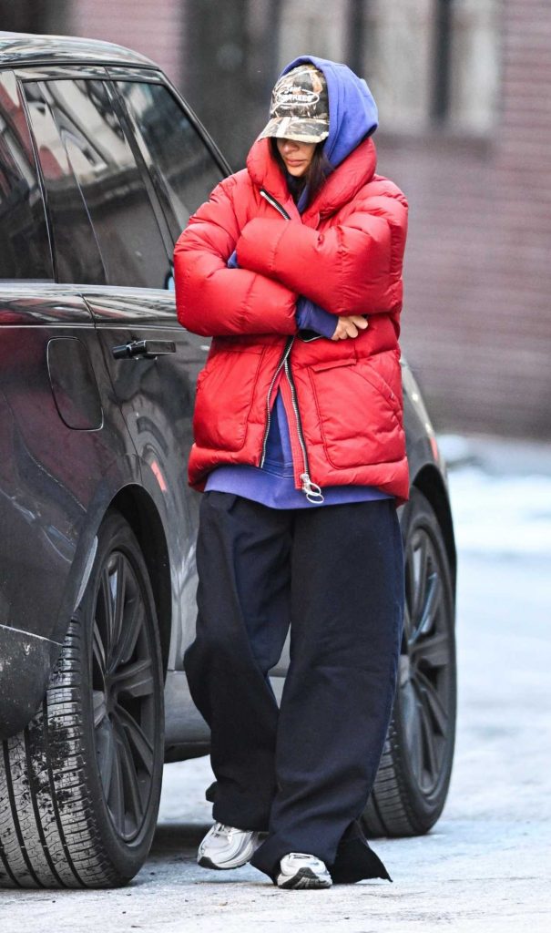 Emily Ratajkowski in a Red Puffer Jacket