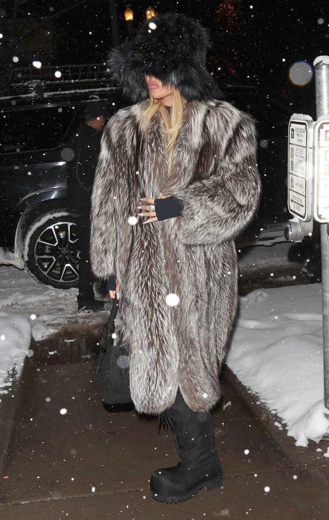 Khloe Kardashian in a Grey Fur Coat