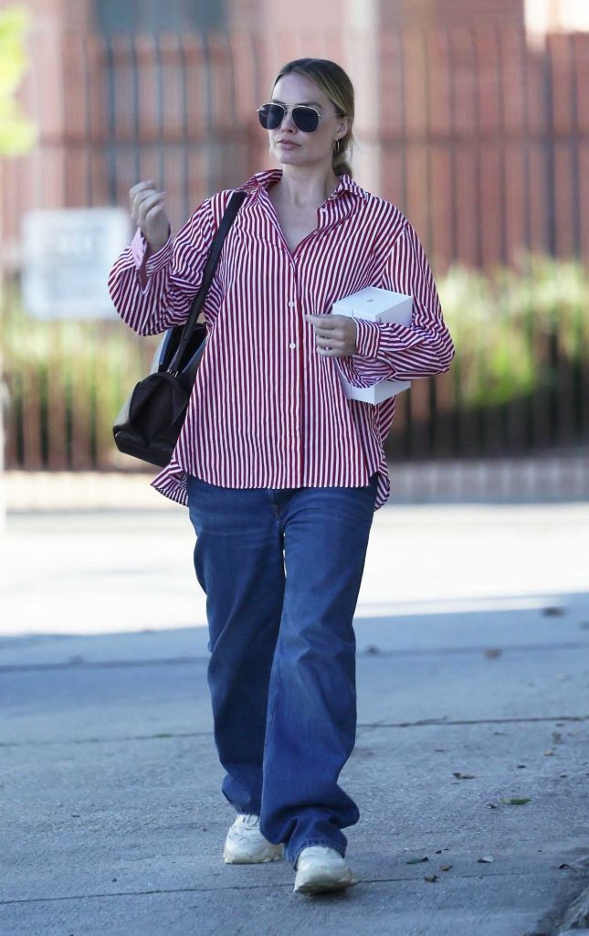 Margot Robbie in a Red Striped Shirt