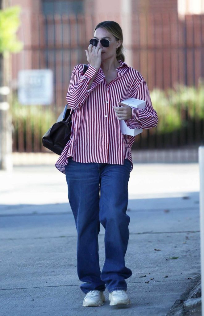 Margot Robbie in a Red Striped Shirt