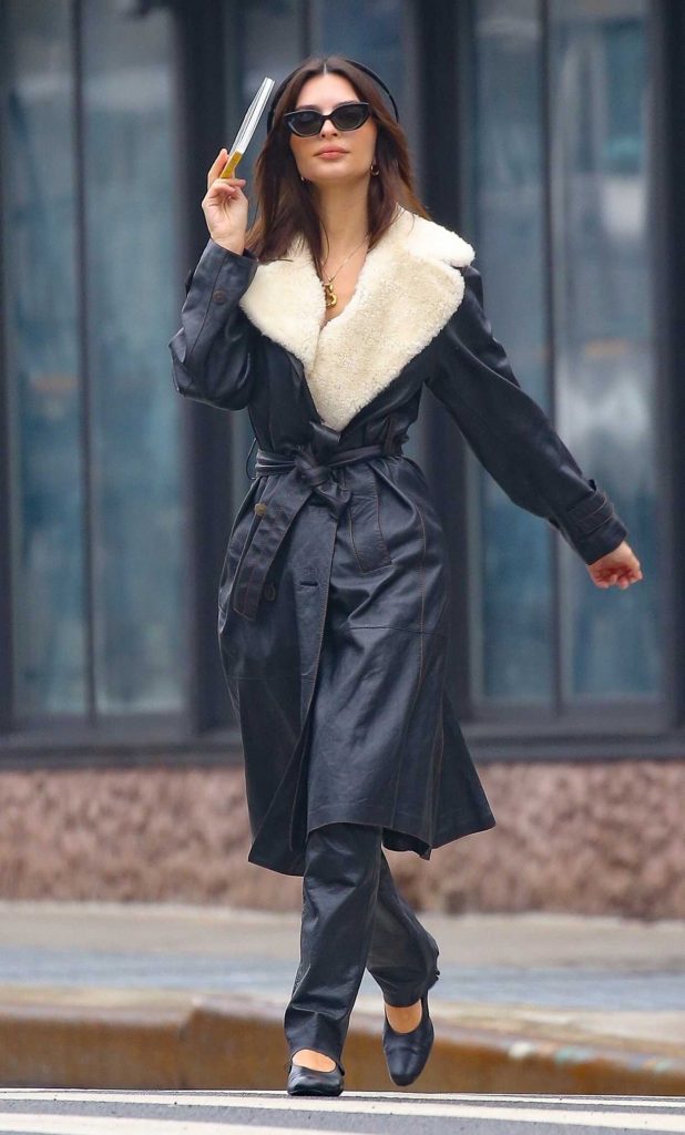 Emily Ratajkowski in a Black Leather Coat