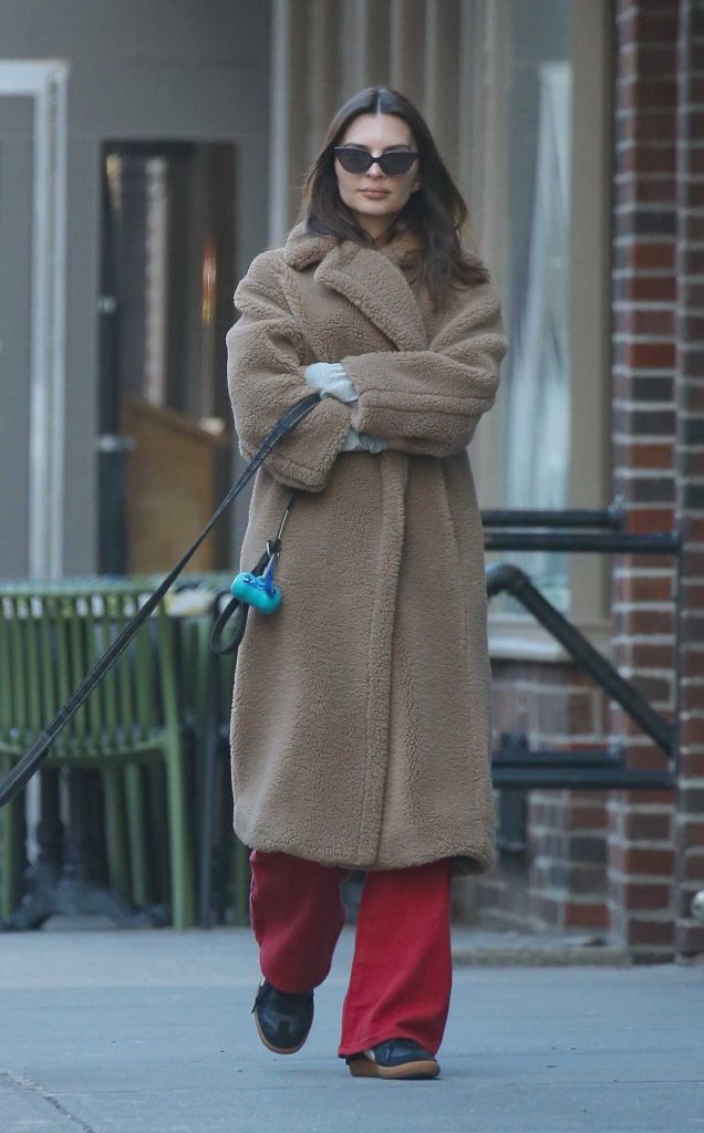 Emily Ratajkowski in a Caramel Coloured Faux Fur Coat