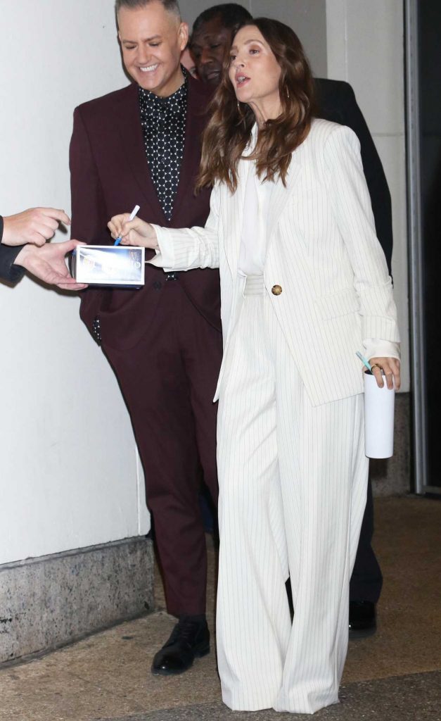 Drew Barrymore in a Striped White Pantsuit