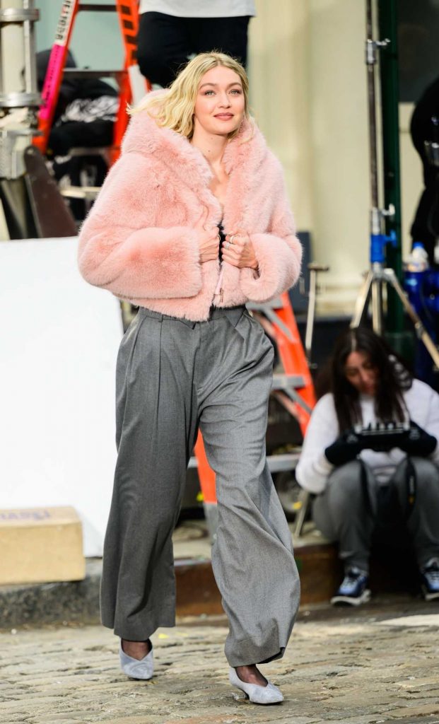 Gigi Hadid in a Pink Fur Jacket