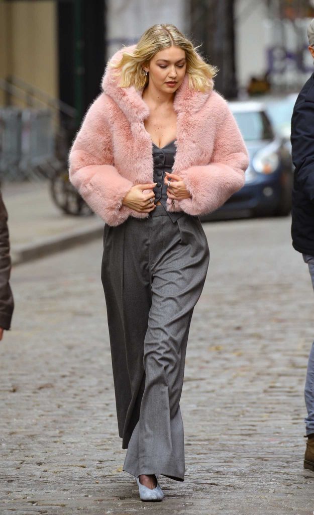 Gigi Hadid in a Pink Fur Jacket
