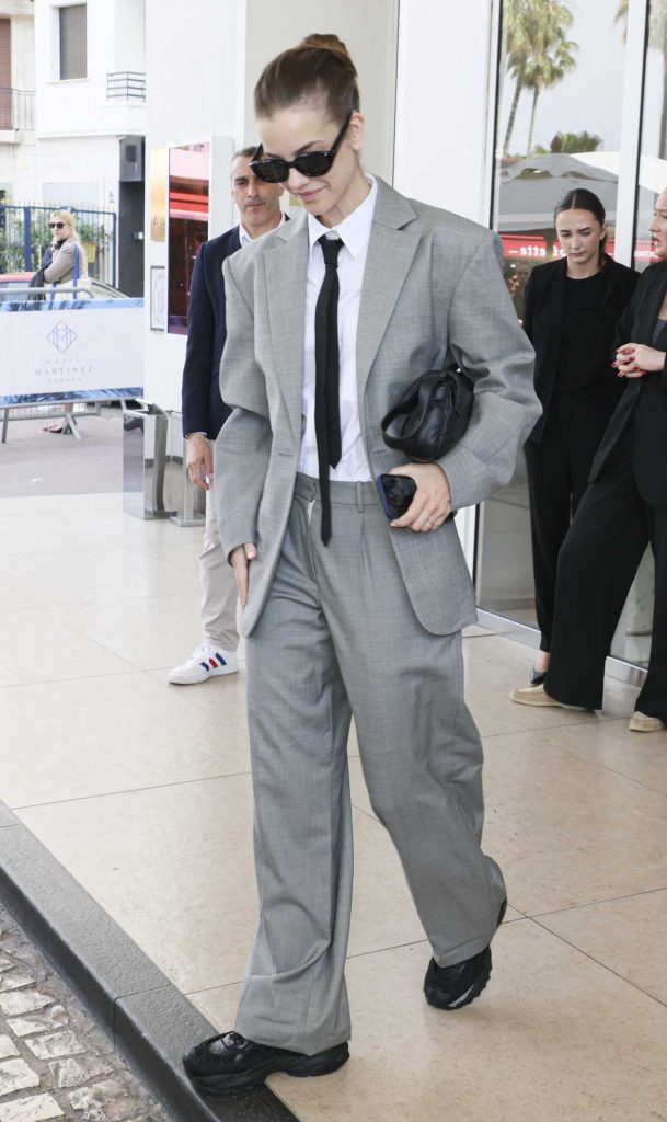 Barbara Palvin in a Grey Pantsuit