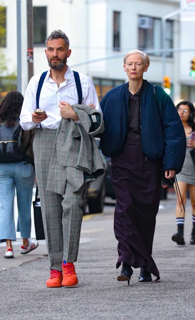 Tilda Swinton in a Blue Bomber Jacket