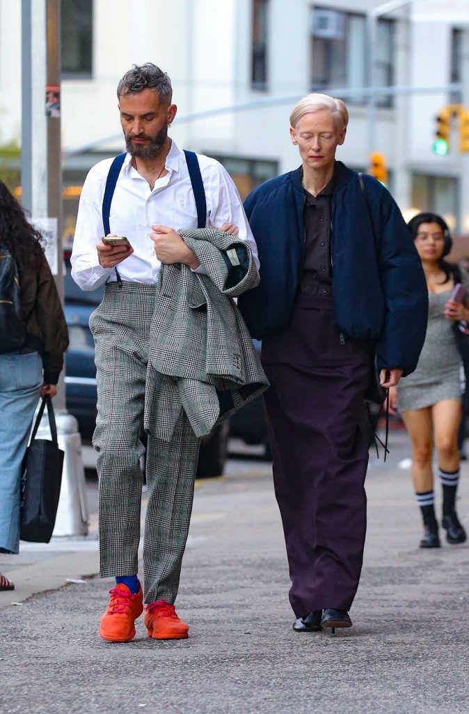 Tilda Swinton in a Blue Bomber Jacket