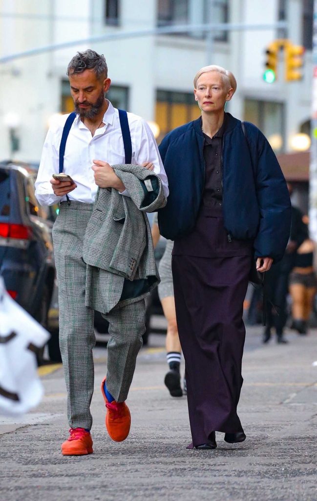 Tilda Swinton in a Blue Bomber Jacket