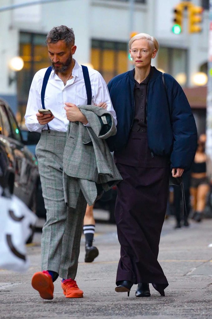 Tilda Swinton in a Blue Bomber Jacket