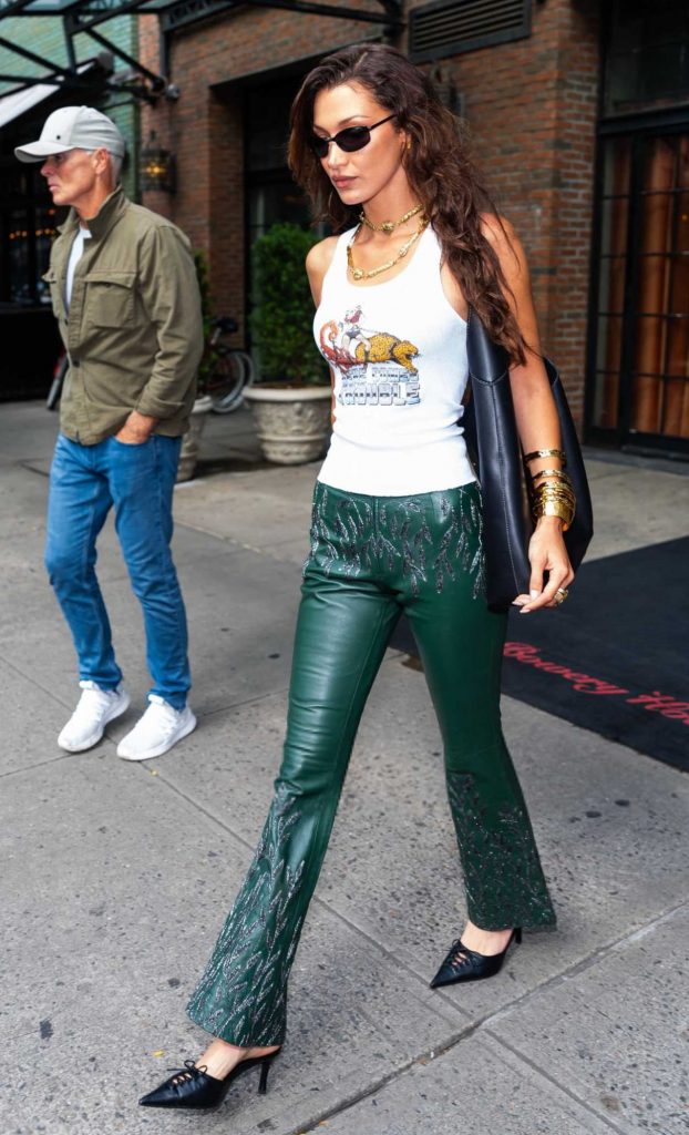 Bella Hadid in a Green Leather Pants