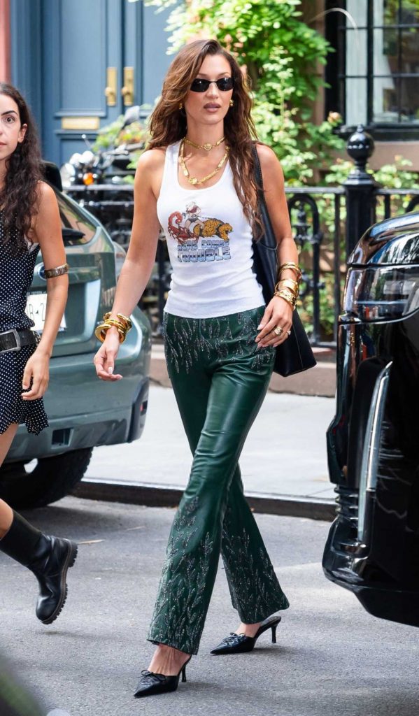 Bella Hadid in a Green Leather Pants