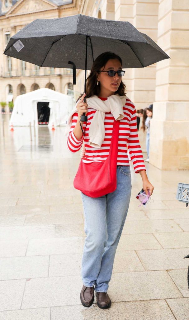 Emma Chamberlain in a Red and White Striped Long Sleeves T-Shirt