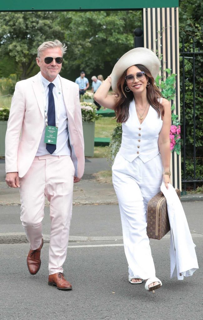 Myleene Klass in a White Pantsuit