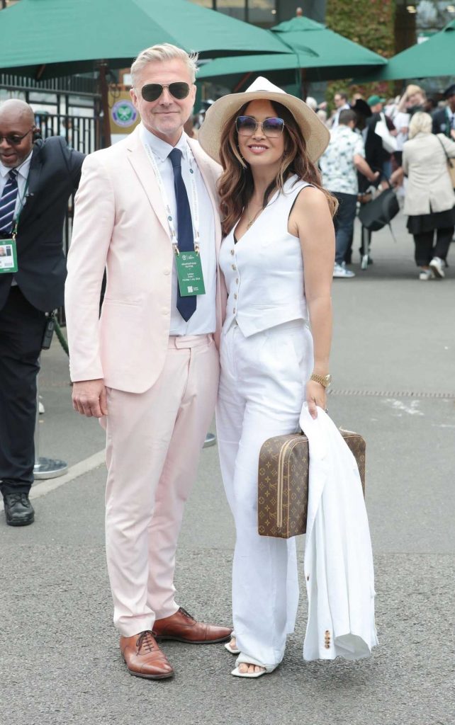 Myleene Klass in a White Pantsuit