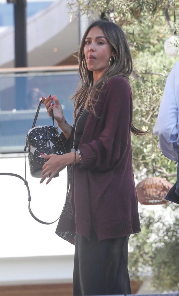 Jessica Alba in a Burgundy Cardigan