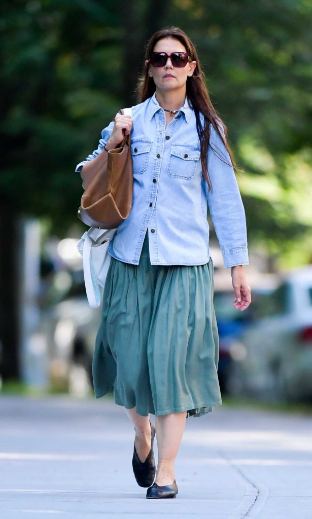 Katie Holmes in a Blue Denim Shirt