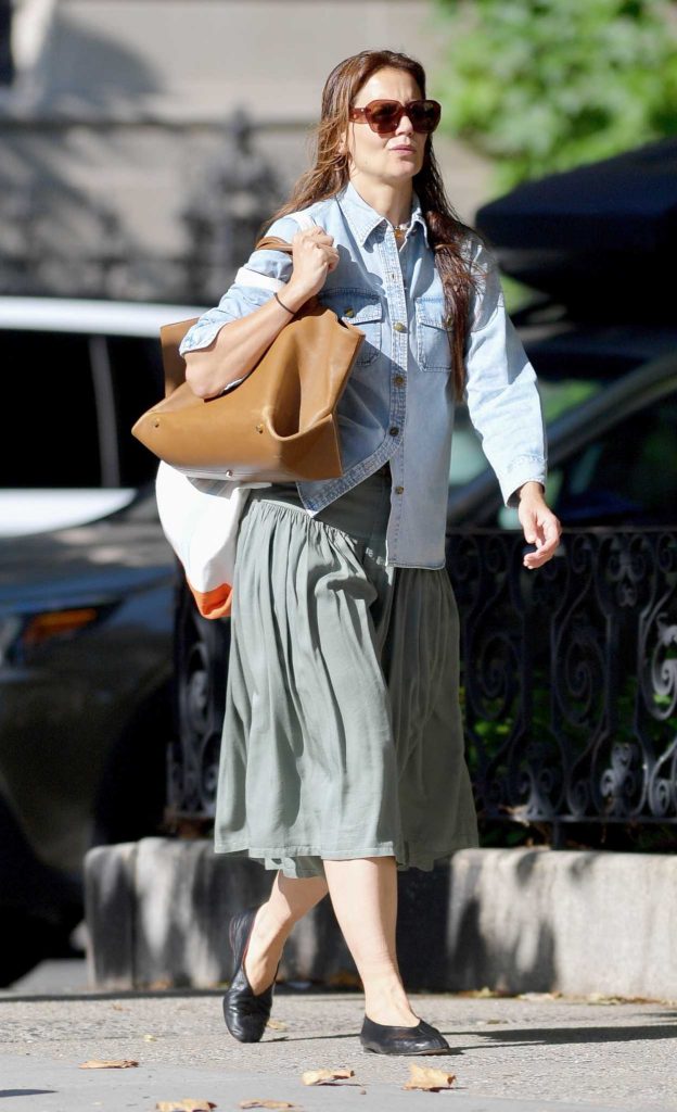 Katie Holmes in a Blue Denim Shirt