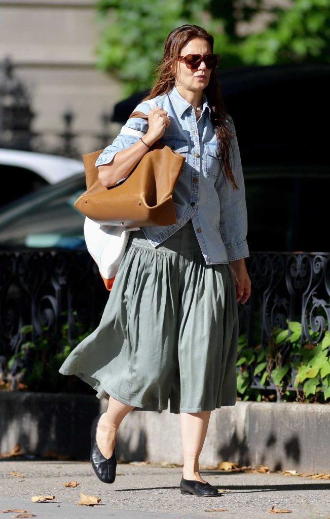 Katie Holmes in a Blue Denim Shirt