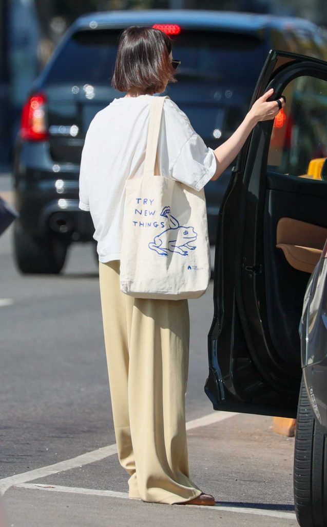 Lily Collins in a Beige Sweatpants