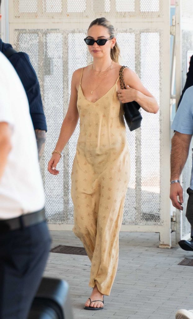 Lily James in a Beige Dress