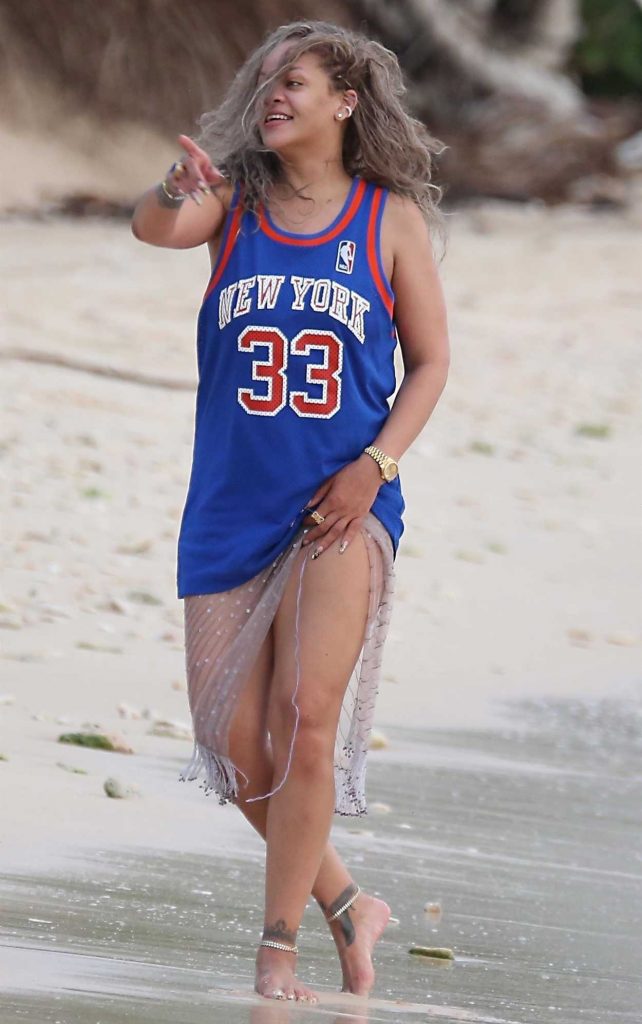 Rihanna in a Blue NBA Tank Top