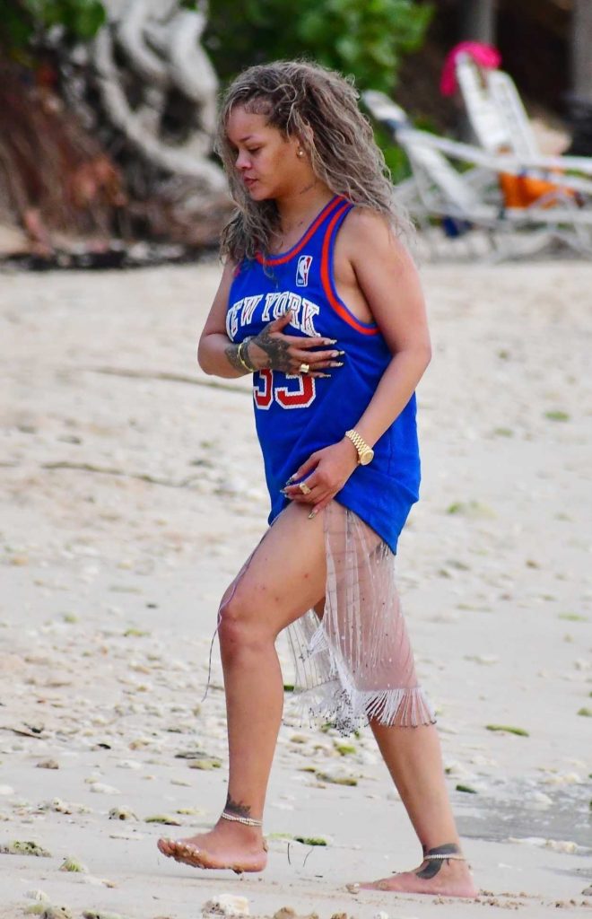 Rihanna in a Blue NBA Tank Top