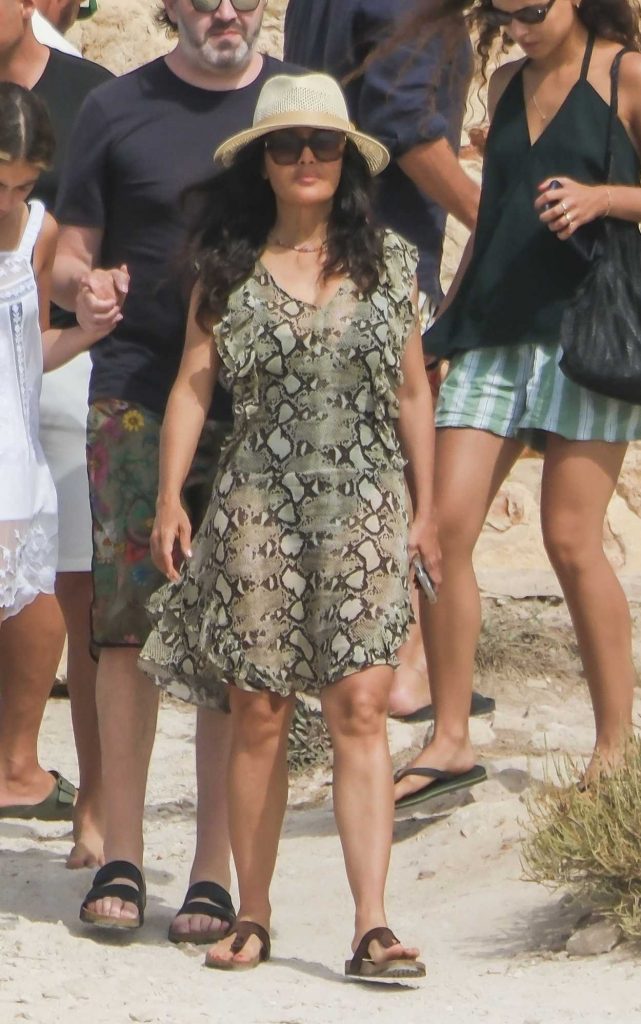 Salma Hayek in an Olive Snakeskin Mini Dress