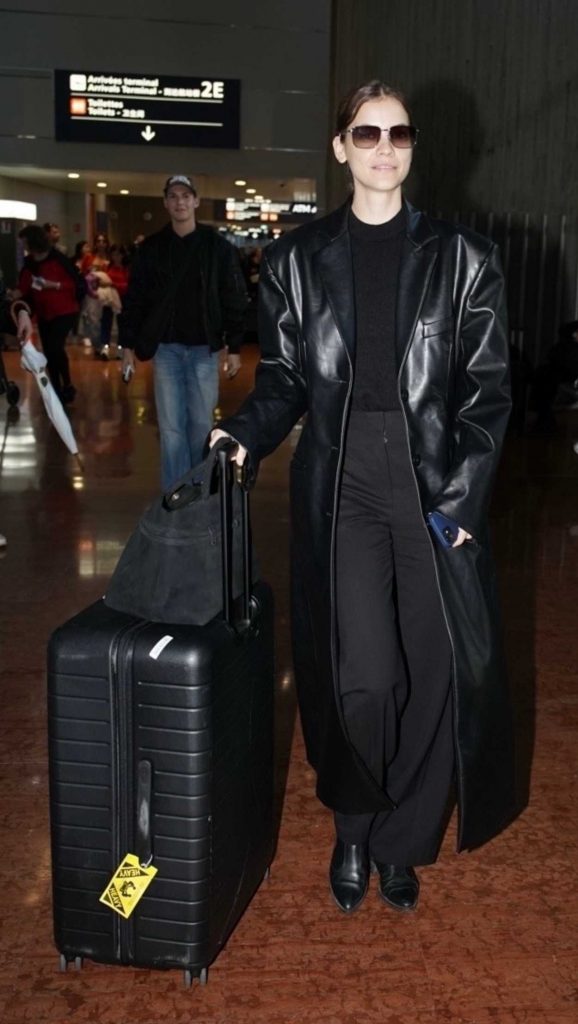 Barbara Palvin in a Black Leather Coat