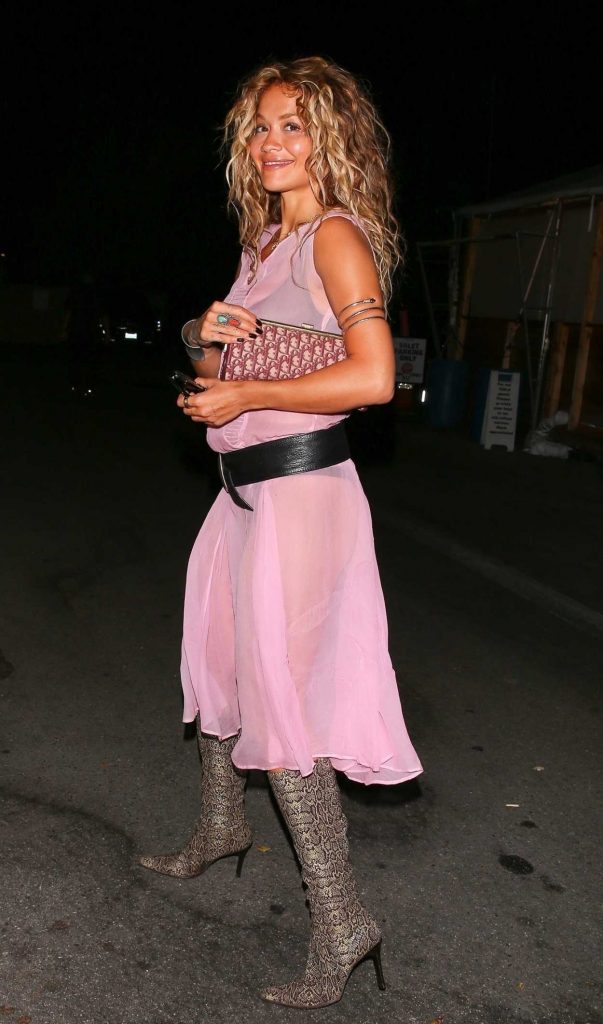 Rita Ora in a Pink See-Through Dress