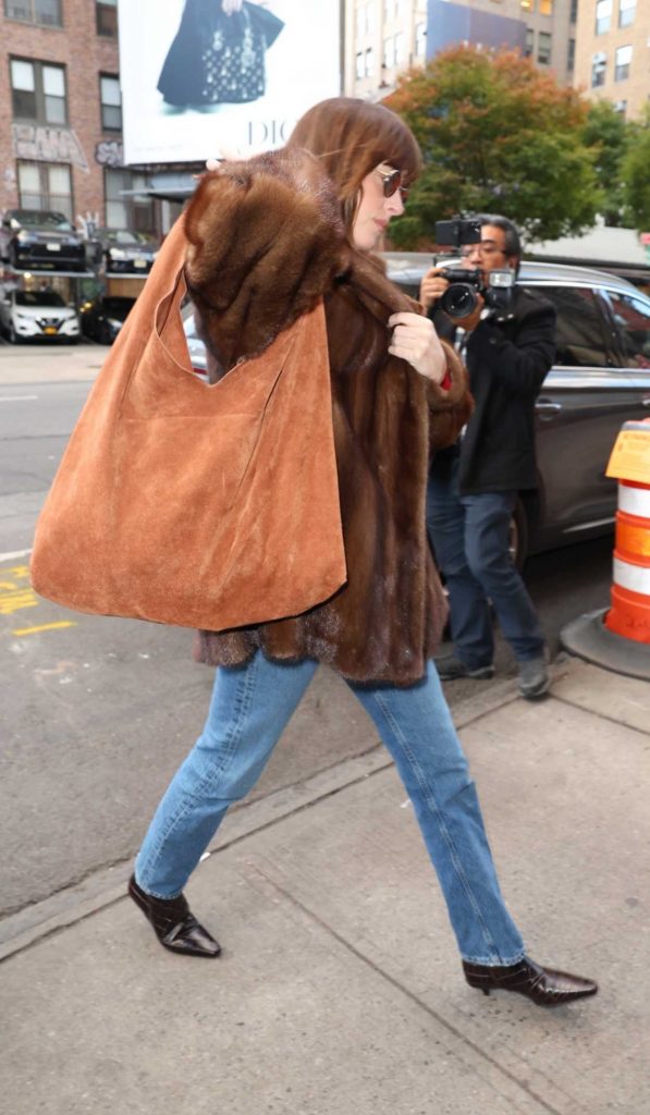 Dakota Johnson in a Brown Fur Coat