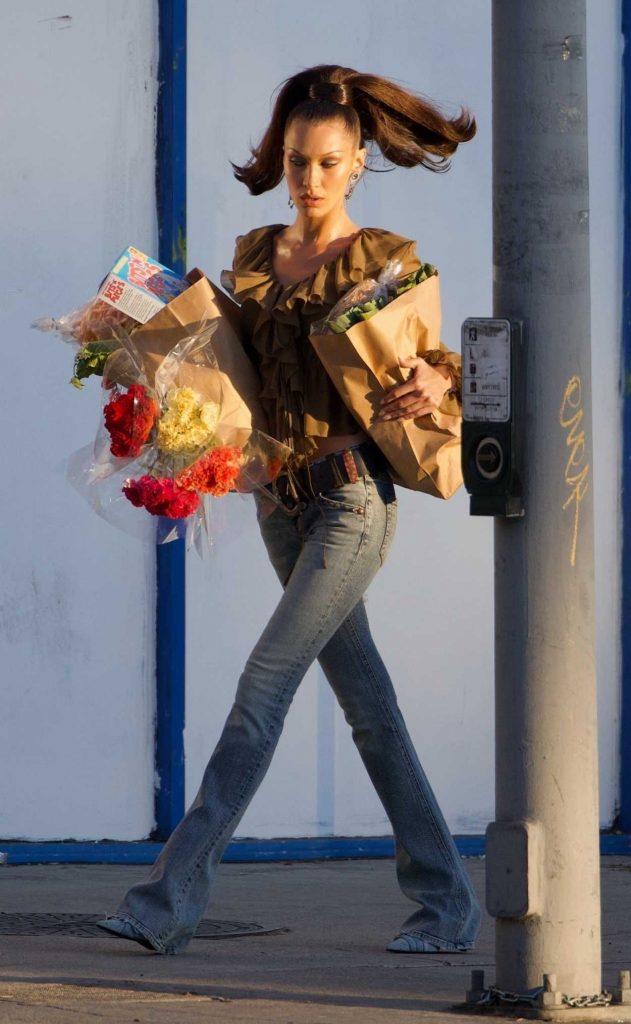 Bella Hadid in a Tan Blouse