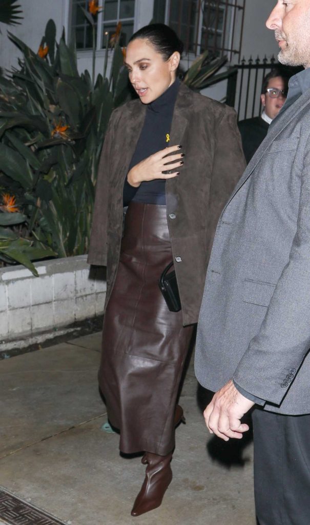 Gal Gadot in a Brown Leather Skirt