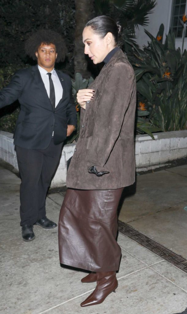 Gal Gadot in a Brown Leather Skirt