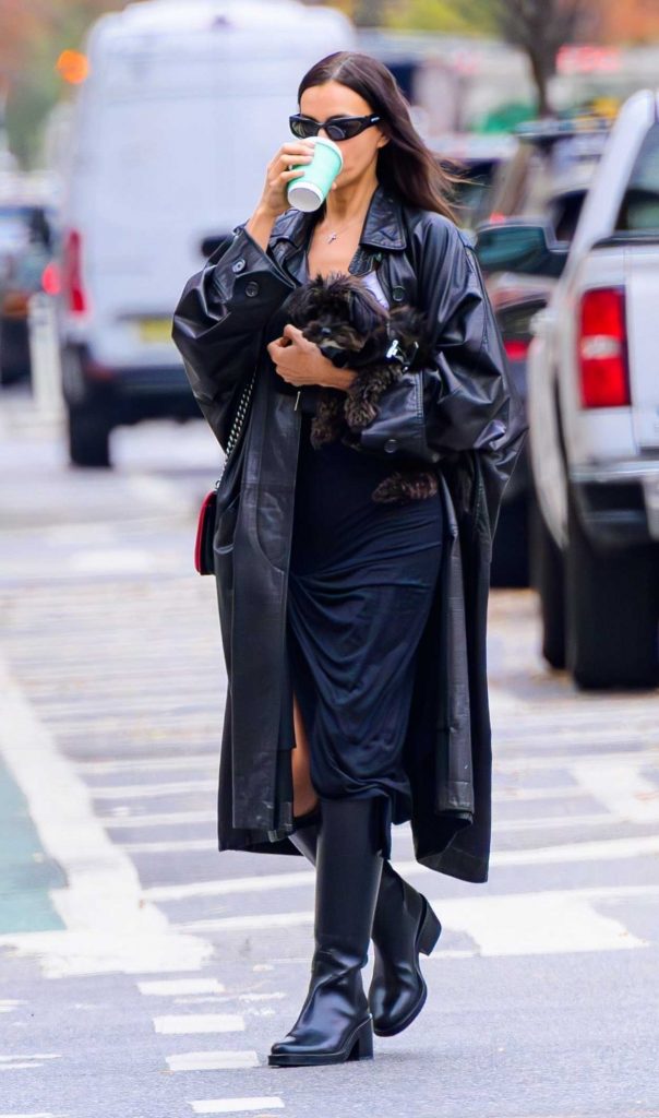 Irina Shayk in a Black Leather Coat