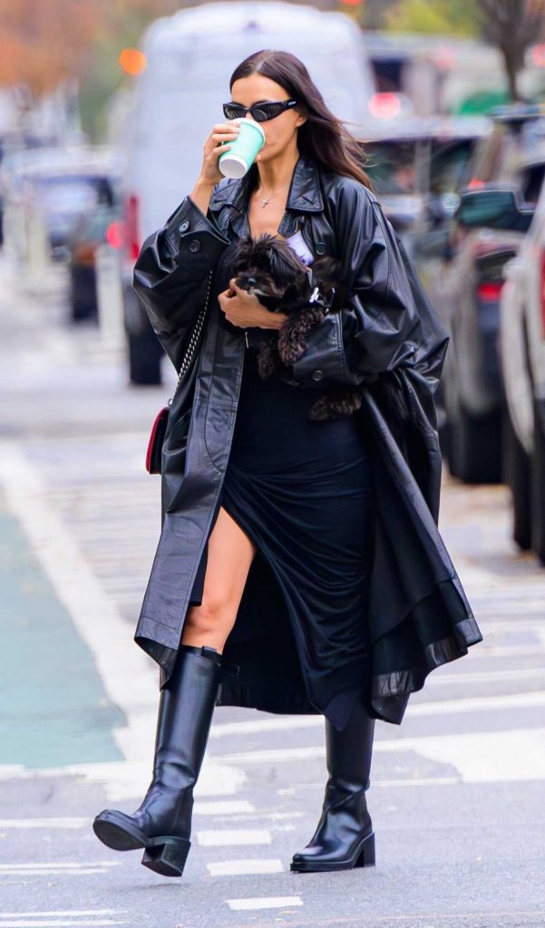 Irina Shayk in a Black Leather Coat