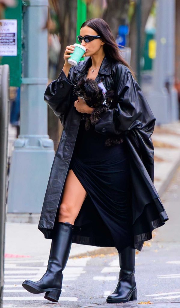 Irina Shayk in a Black Leather Coat