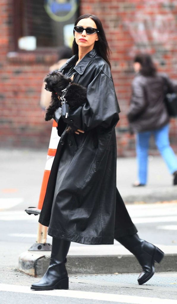 Irina Shayk in a Black Leather Coat