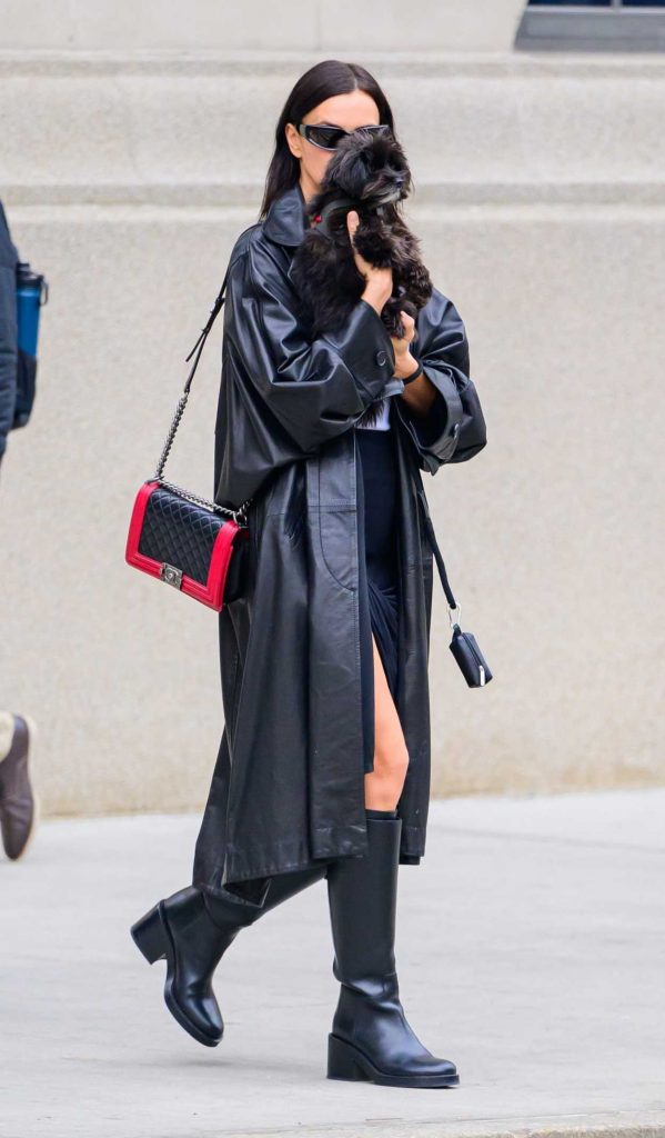 Irina Shayk in a Black Leather Coat