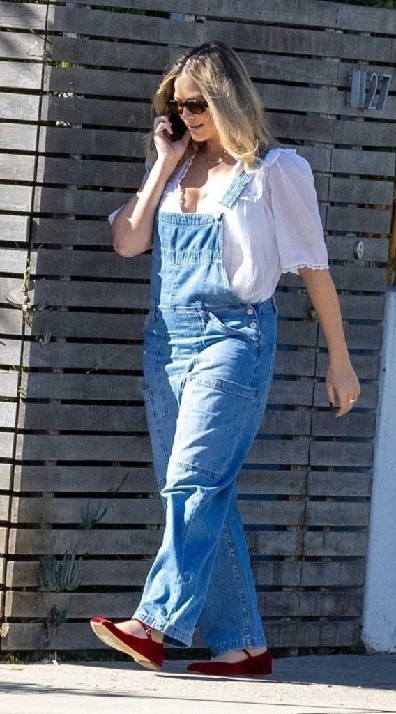 Margot Robbie in a Blue Denim Jumpsuit