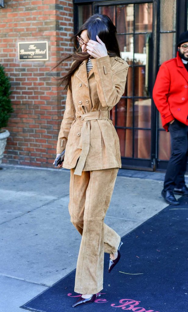 Bella Hadid in a Tan Pantsuit