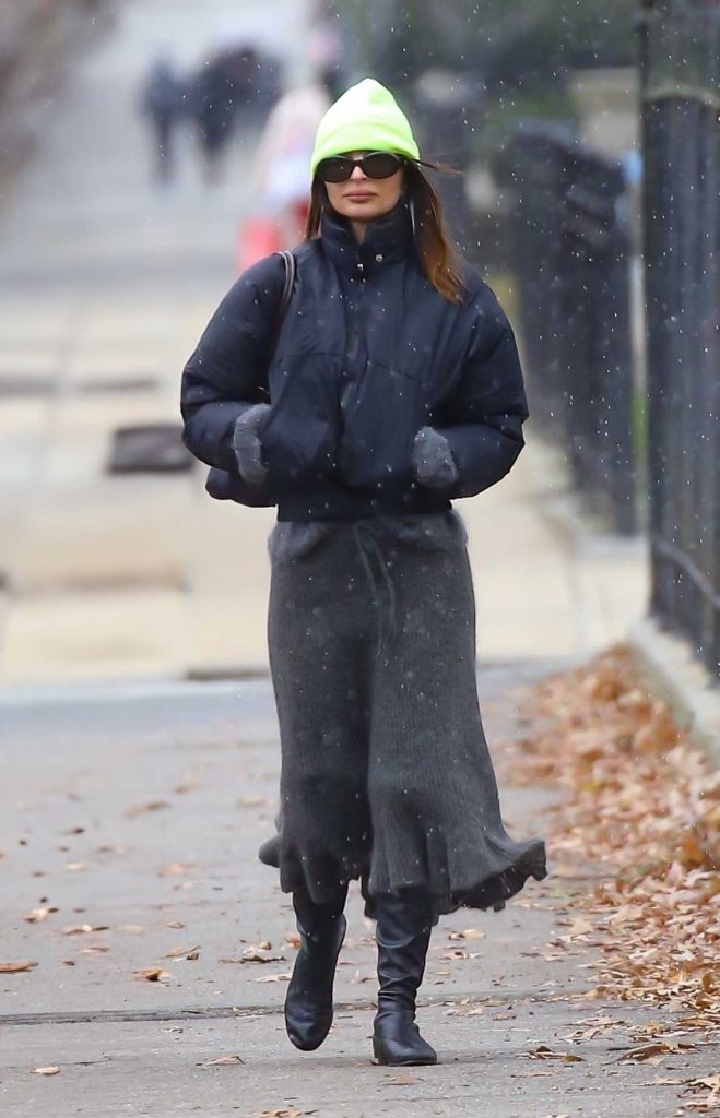 Emily Ratajkowski in a Neon Green Beanie Hat