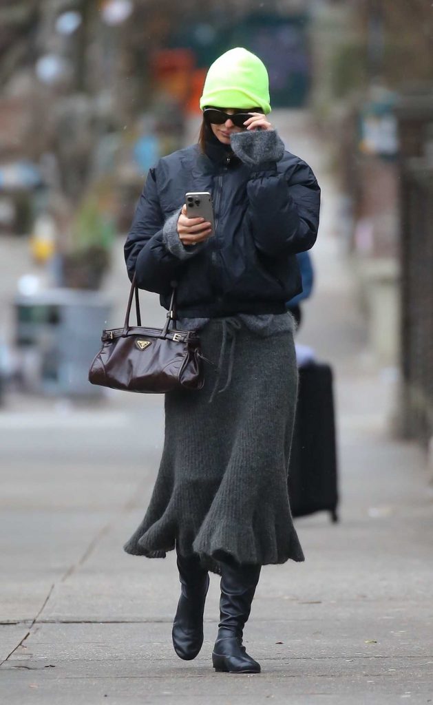 Emily Ratajkowski in a Neon Green Beanie Hat