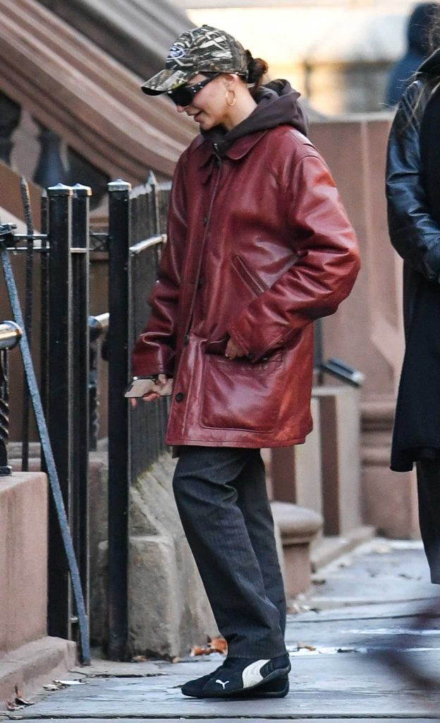 Emily Ratajkowski in a Red Leather Jacket