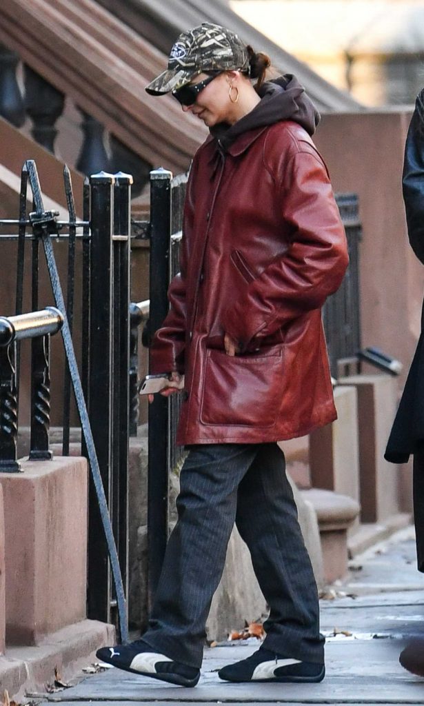 Emily Ratajkowski in a Red Leather Jacket