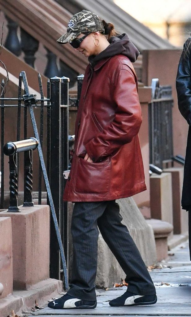 Emily Ratajkowski in a Red Leather Jacket