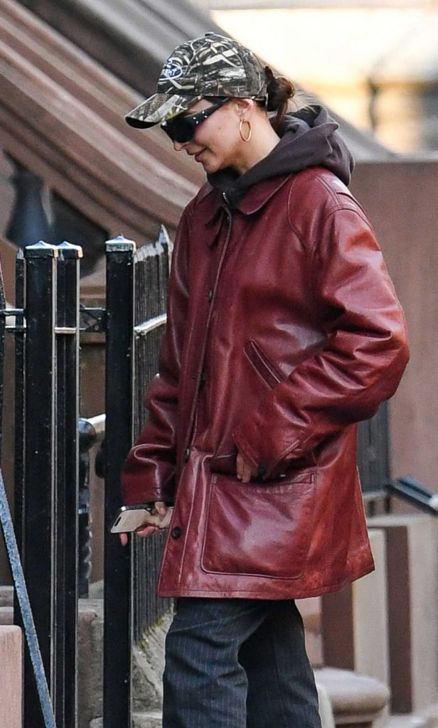 Emily Ratajkowski in a Red Leather Jacket